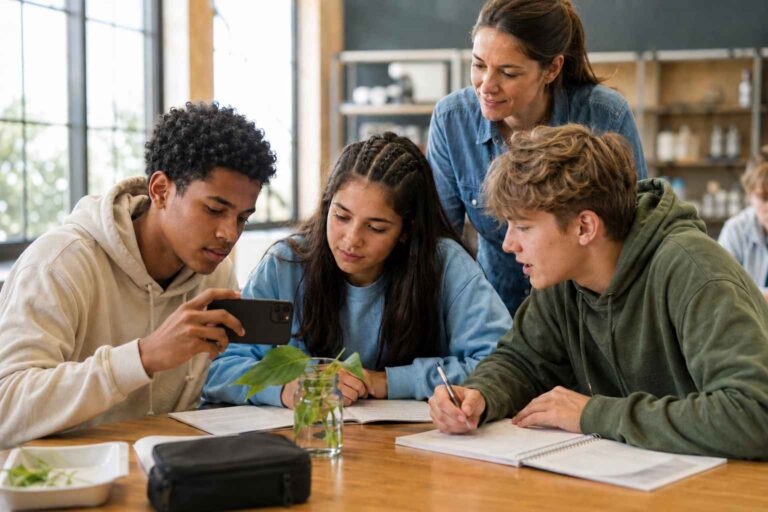 Students using a smartphone for supervised learning in a classroom